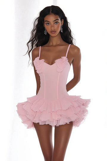 Pink A Line Spaghetti Straps Ruffles Chiffon Short Graduation Dress